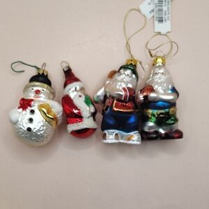 Vintage Lot Of 4 Holiday Glass Ornament Set - Snowman and Santa Figures 3"